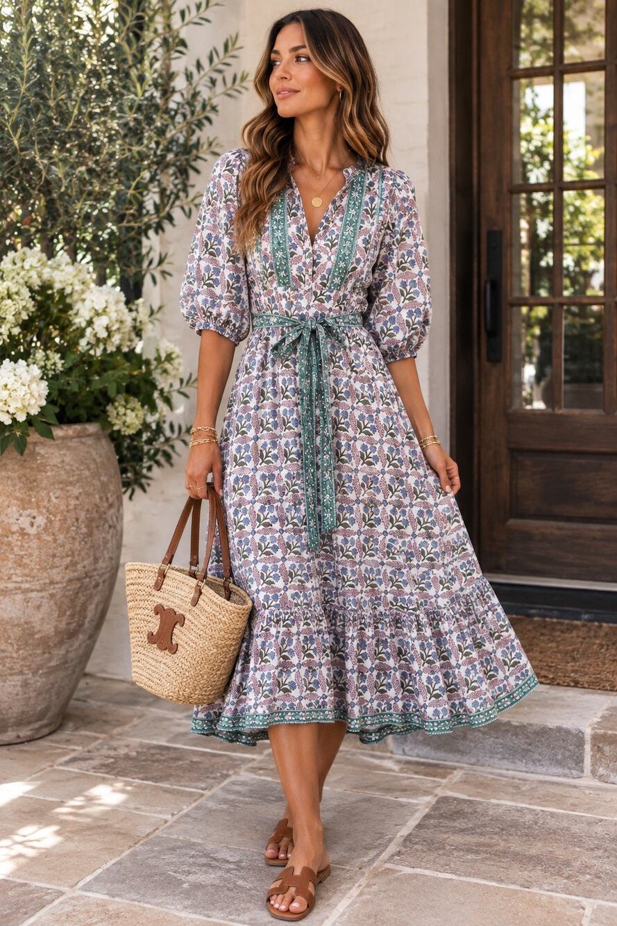 Marea Floral Print Puff Sleeve Keyhole Neck Belted House Dress Lavender Green L